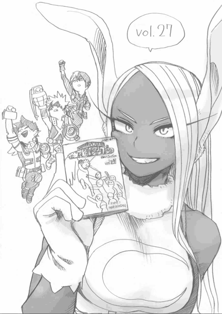 a black and white drawing of a girl holding a book with a speech bubble saying vol 27