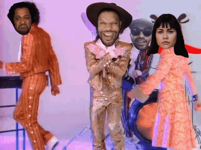 a group of people are dancing and one of them is wearing a hat