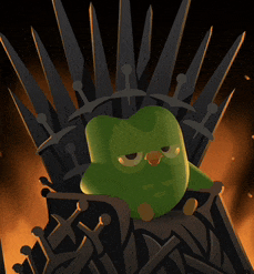 a green owl is sitting on a throne made of swords and shields