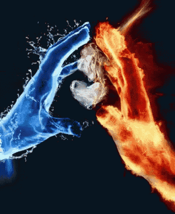 a hand made of water and a hand made of fire making a heart shape