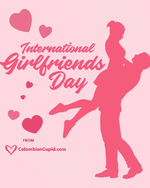 a poster for international girlfriends day with a man carrying a woman in his arms