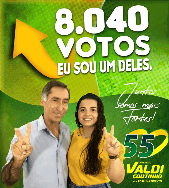 a man and a woman giving a peace sign in front of a sign that says 8.040 votos