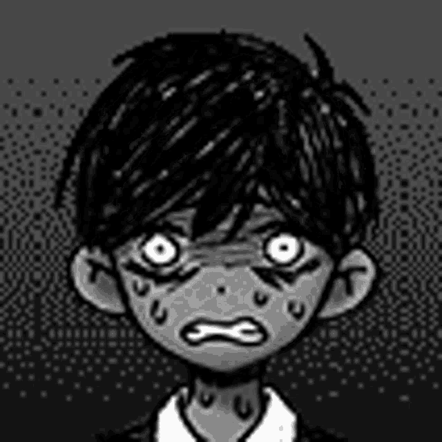 a black and white drawing of a boy with a very angry look on his face .
