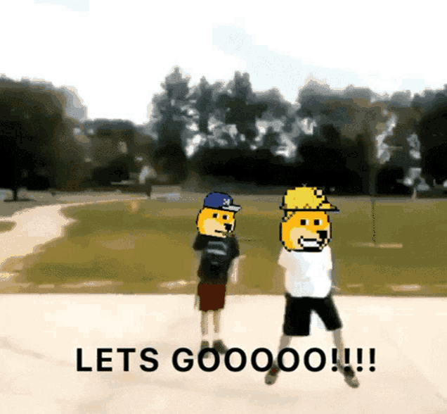 two cartoon characters are dancing in a park with the words lets gooooo on the bottom