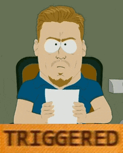a cartoon man holding a piece of paper behind a sign that says triggered on it