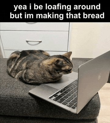 a cat is loafing around a laptop computer while making bread .