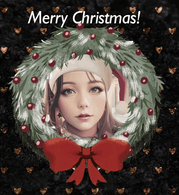 a merry christmas greeting card with a picture of a girl in a wreath