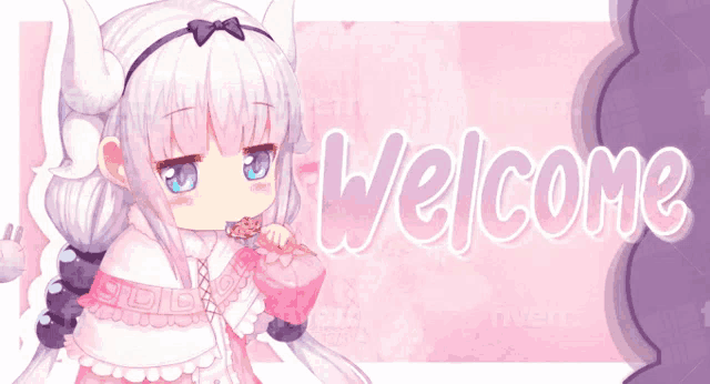 a girl with horns is holding a lollipop in front of the word welcome