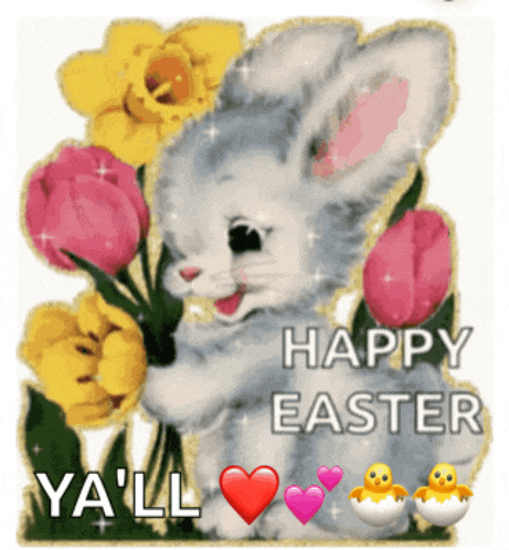 a happy easter card with a bunny holding a bunch of flowers