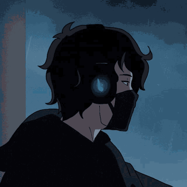 a drawing of a person wearing headphones and a mask with a blue light behind them