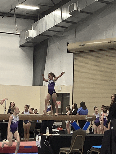 a girl in a purple leotard is standing on a balance beam in a gym