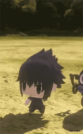 a cartoon character is walking on a grassy field next to a robot .