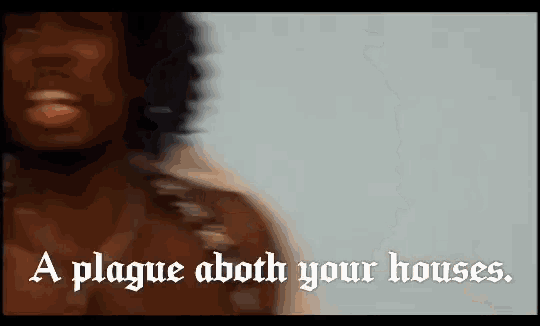 a blurry picture of a man with the words " a plague a both your houses "
