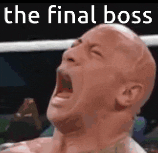 a bald man is screaming in a boxing ring with the words `` the final boss '' written above him .