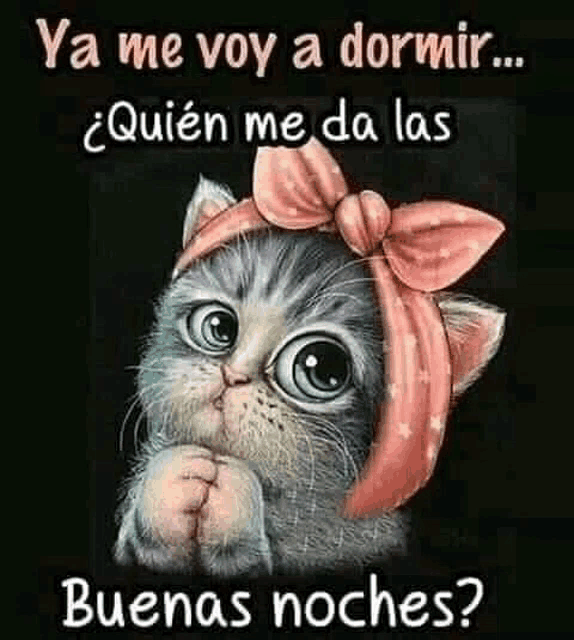 a cat with a pink bow on its head and the words `` ya me voy a dormir ... quien me da las buenas noches? ''