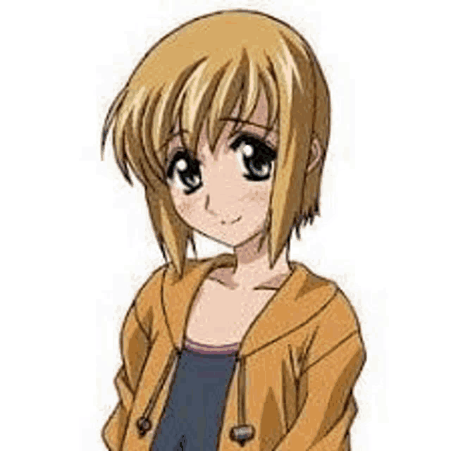 a cartoon girl with blonde hair and blue eyes is wearing a hoodie and a tank top .