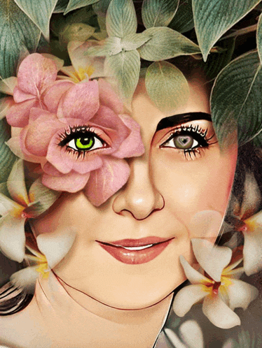 a woman 's face is covered in flowers and leaves