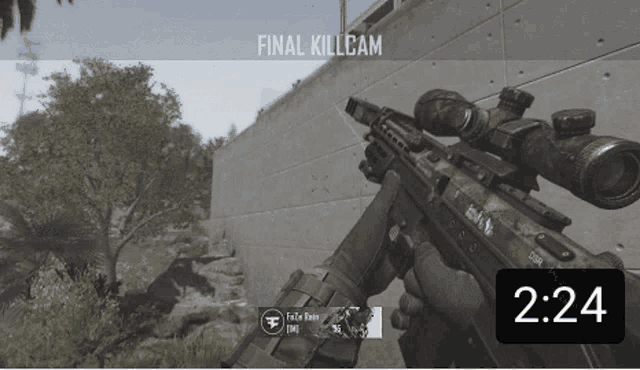 a video game screen shows a sniper rifle with the words final killcam above it