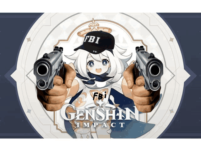 a girl with a fbi hat is holding two guns on a genshin impact poster