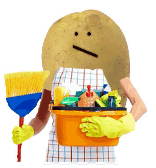 a person with a potato head holding a broom and a basket of cleaning supplies