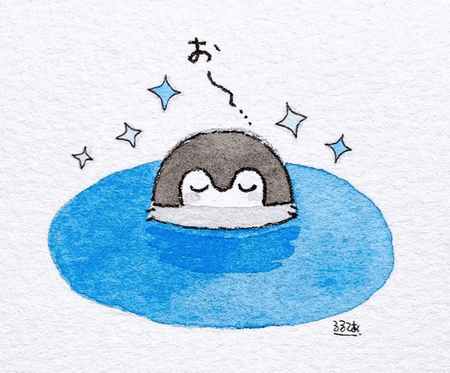 a drawing of a penguin in a pool of water with chinese writing