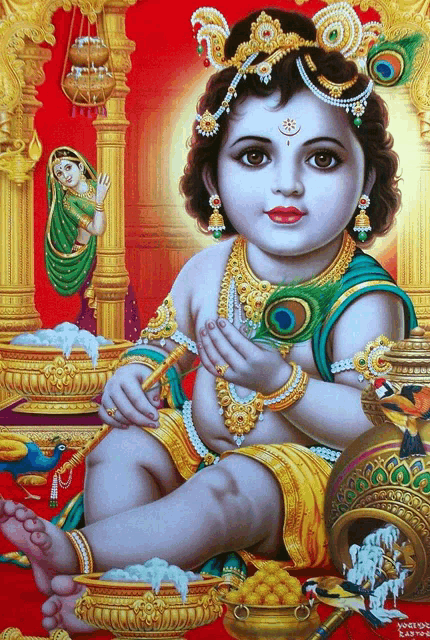 a painting of a baby krishna with a peacock feather crown