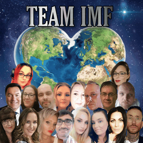 a group of people are posing in front of a heart shaped earth with the words team imf above them