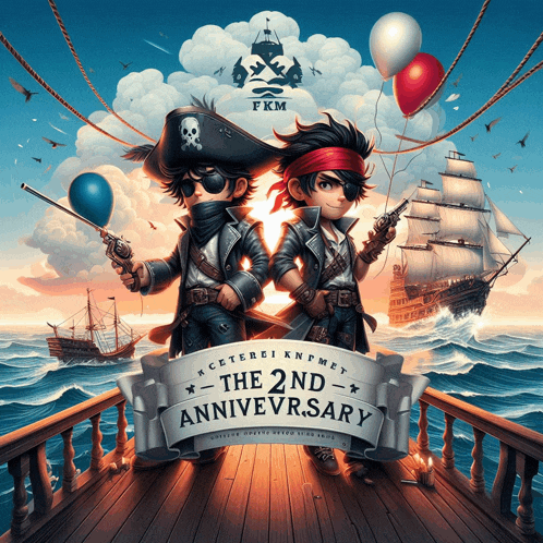 a poster for the 2nd annivevr.sary shows two pirates on a ship