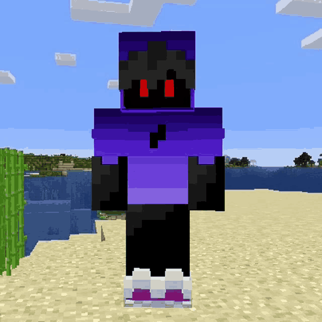 a purple and black minecraft skin with red eyes and a hood