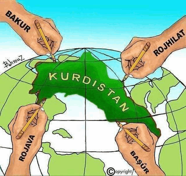 a cartoon of a group of people drawing a map of kurdistan .