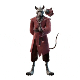 a man in a rat costume is holding a sword and a mask .