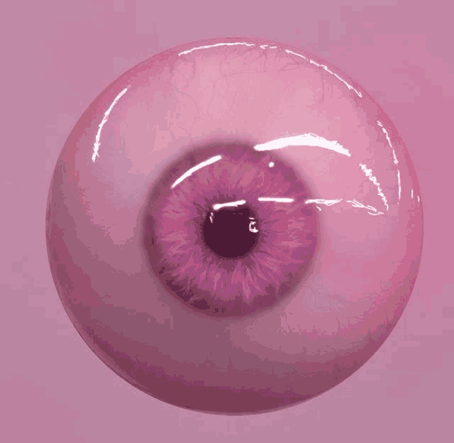 a close up of a pink eye with purple irises on a pink background