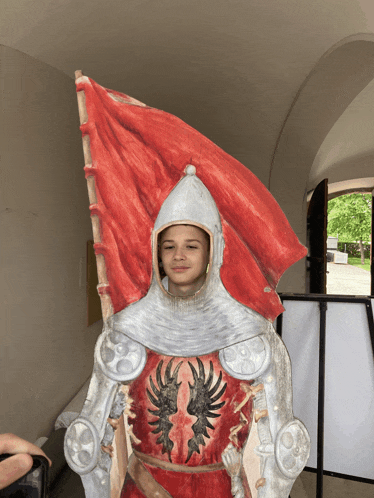 a boy in a knight costume with a red flag