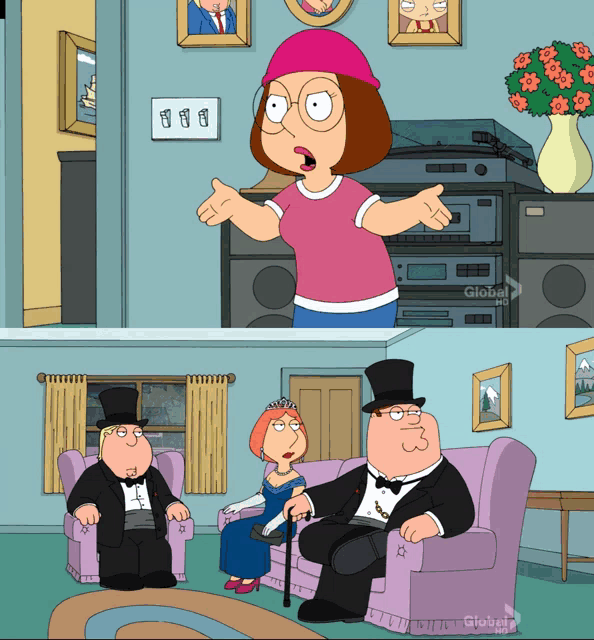 a family guy cartoon shows a man in a tuxedo sitting on a couch