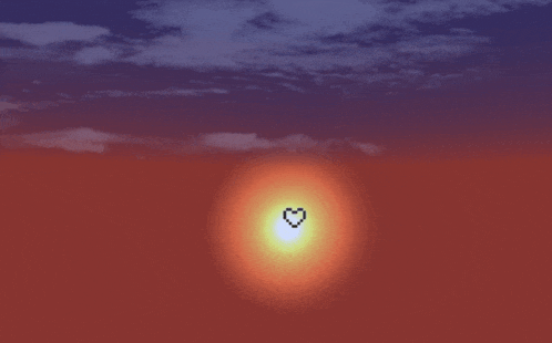 a pixel art of a heart in front of a sunset