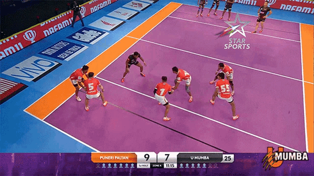 a volleyball game between puneri paltan and u mumba with the score 9 to 7