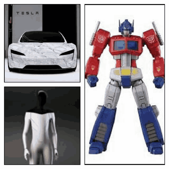 a tesla model s and a transformers optimus prime