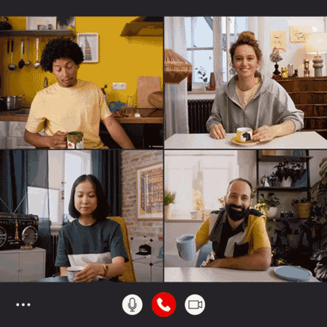 a group of people are having a video call with a red button that says call