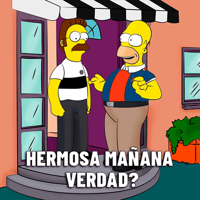 a cartoon of homer simpson and ned flanders with the words hermosa manana verdad on the bottom