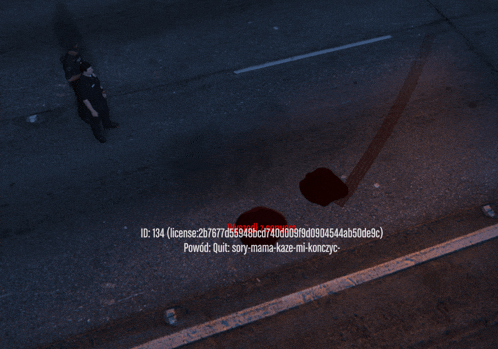 an aerial view of a police officer standing next to a bloody spot on the side of the road