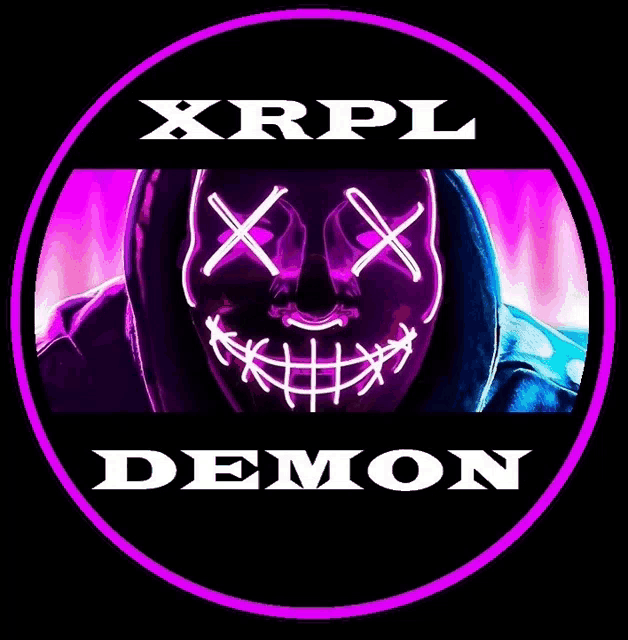 a logo for xrpl demon with a neon mask on it