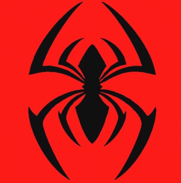 a black spider on a red background that looks like a tattoo .