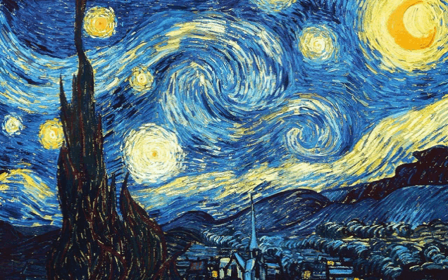 a painting of a starry night sky with the moon in the middle