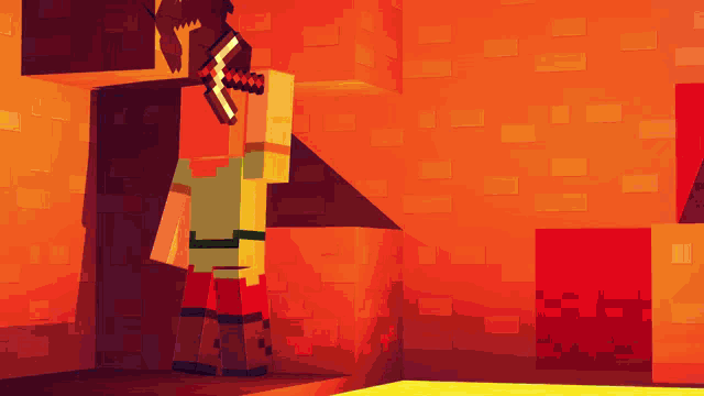 a cartoon character is holding a sword in a room with orange bricks