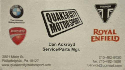 a business card for quaker city motorsports shows logos for ducati and royal enfield