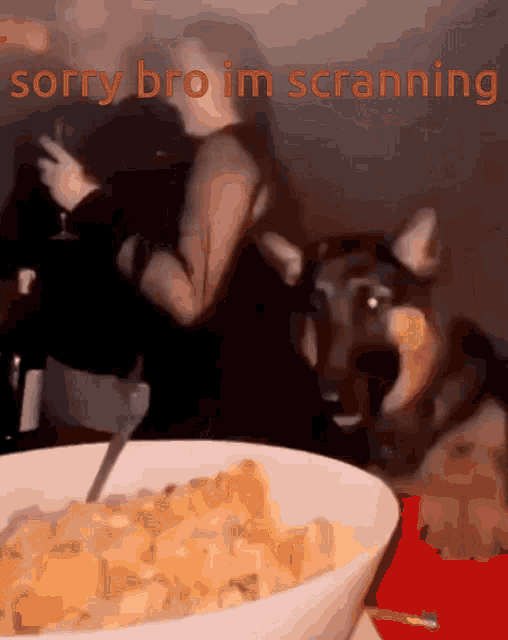 a dog looking at a bowl of food with the words " sorry bro im scranning " in red