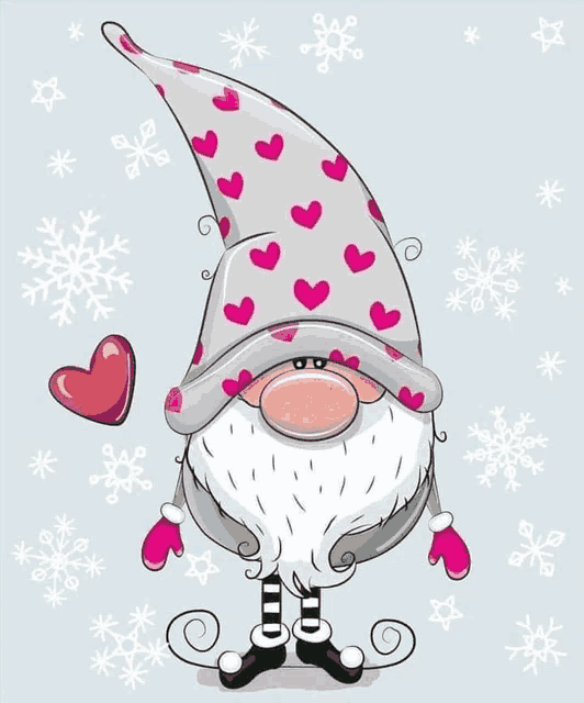 a gnome wearing a hat with hearts on it