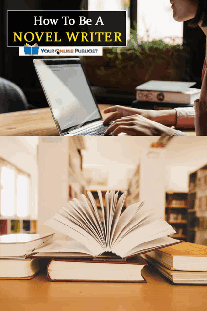 a woman is typing on a laptop next to a stack of books