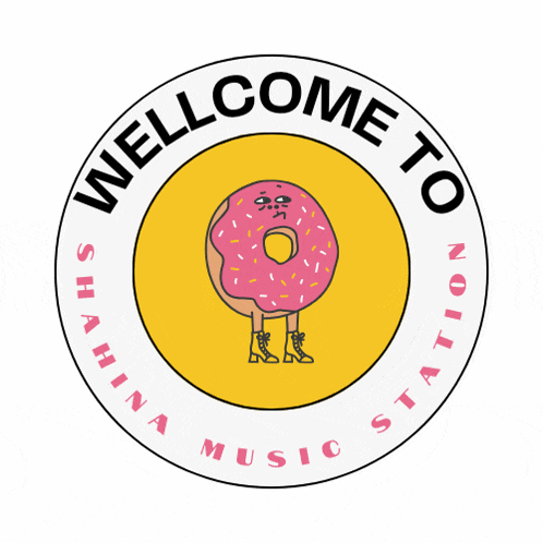 a logo for shahina music station with a pink donut in the center