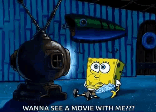 spongebob squarepants is sitting in front of a television eating ice cream and asking if he can see a movie with him .